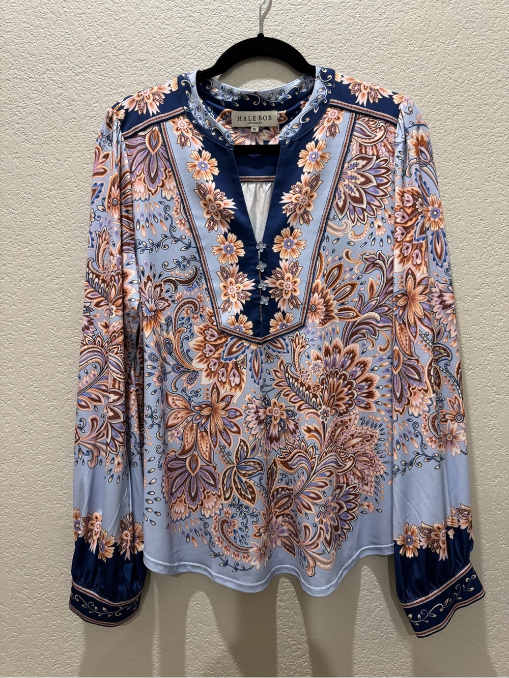 Hale Bob Powder Blue Paisley Floral V-Neck Tunic with Navy Trim